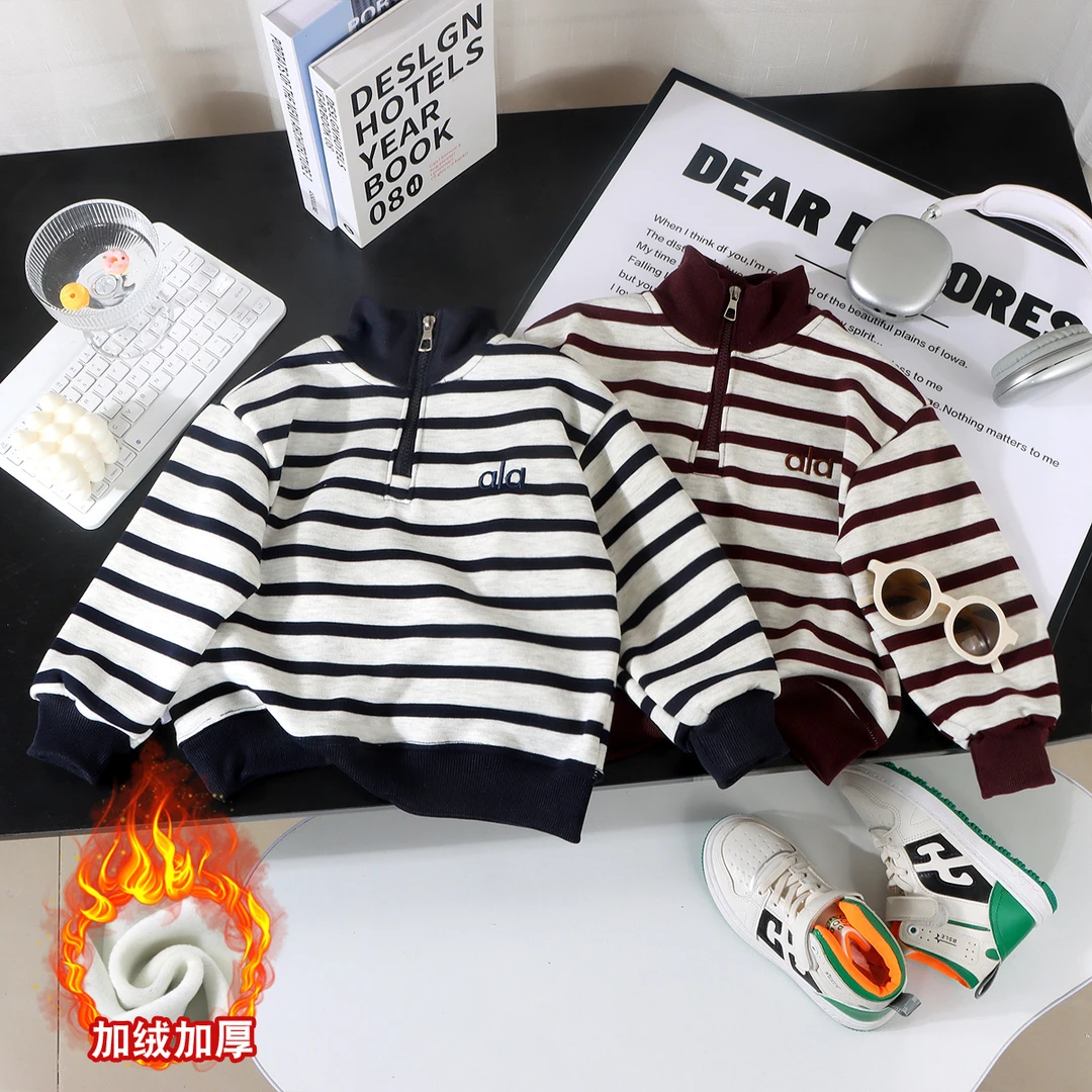 2025儿童新款加绒条纹立领卫衣半拉链刺绣男女同款百搭洋气长袖