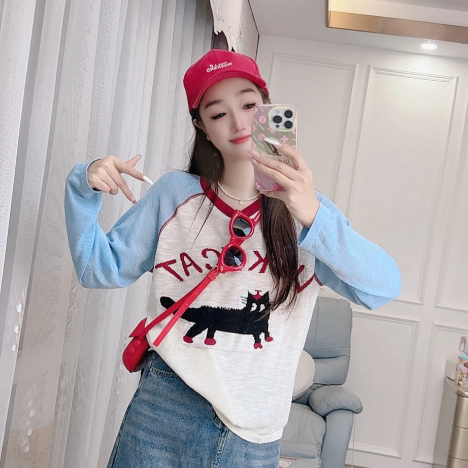 2560现货夏季出行针织衫长袖宽松女装字母卡通条纹套头罩衫防晒衫