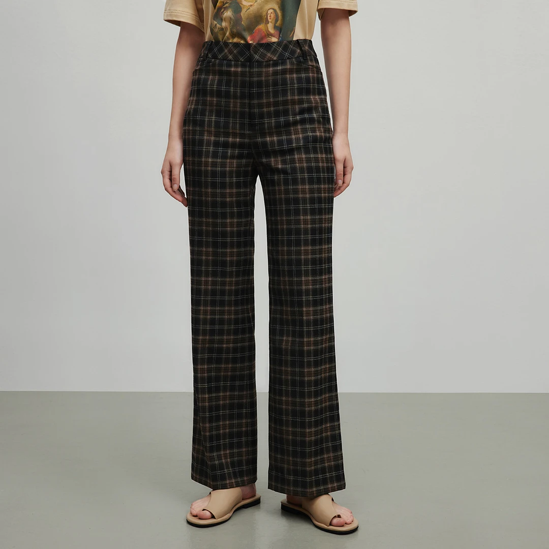 【小春子】时尚高腰毛呢休闲裤女夏季复古格纹百搭设计感直筒长裤