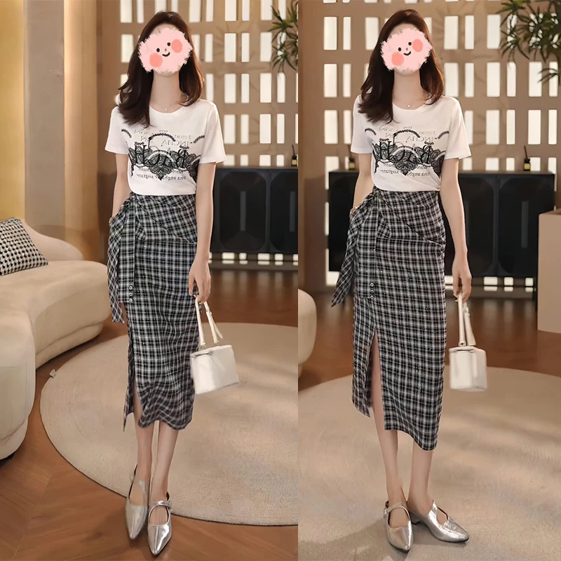 2025夏季新款减龄蕾丝拼接圆领短袖T恤显瘦百搭格子半身裙套装女