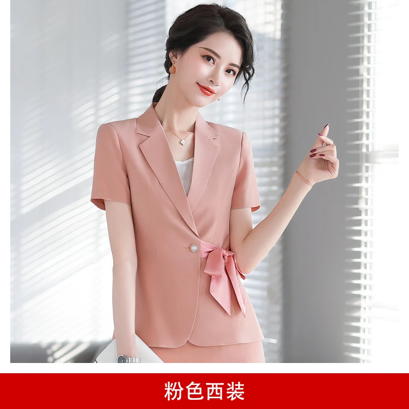 夏季薄款时尚气质休闲修身通勤百搭职业女款系带西服套装