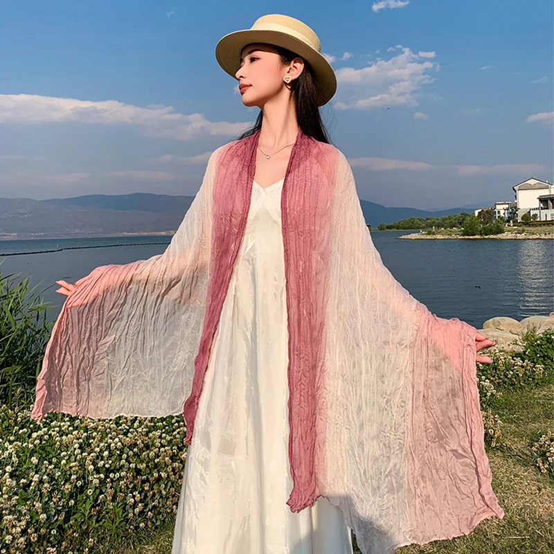 褶皱渐变色披肩薄纱巾女柔软文艺复古丝巾旅游披肩沙漠凹造型头巾