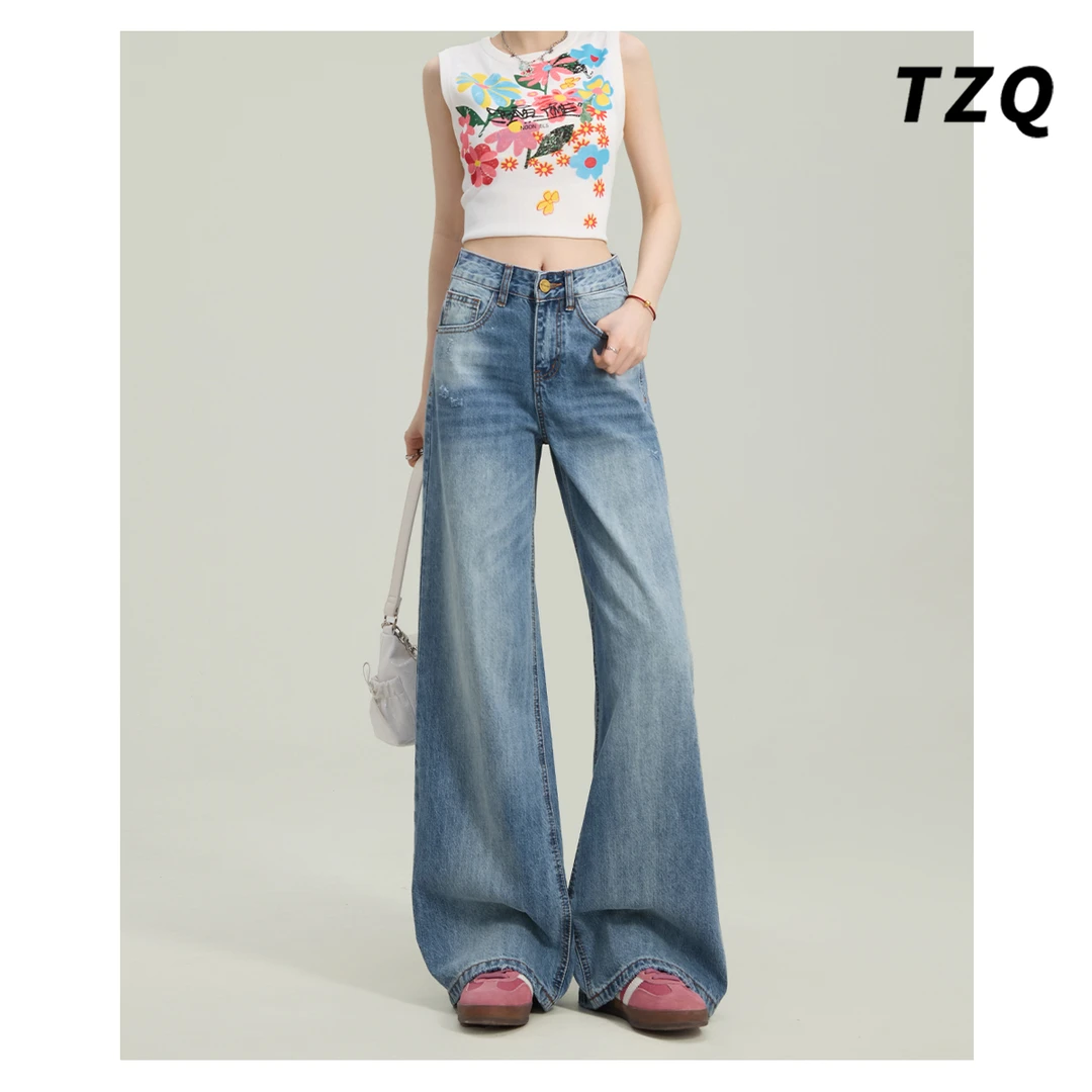 美式高腰阔腿牛仔裤女2025新款复古宽松显瘦直筒拖地裤TZQ2530114