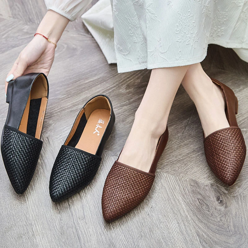 美式潮牌鞋子新款春秋编织鞋子女ⅰns潮百搭小众平底尖头妈妈单鞋