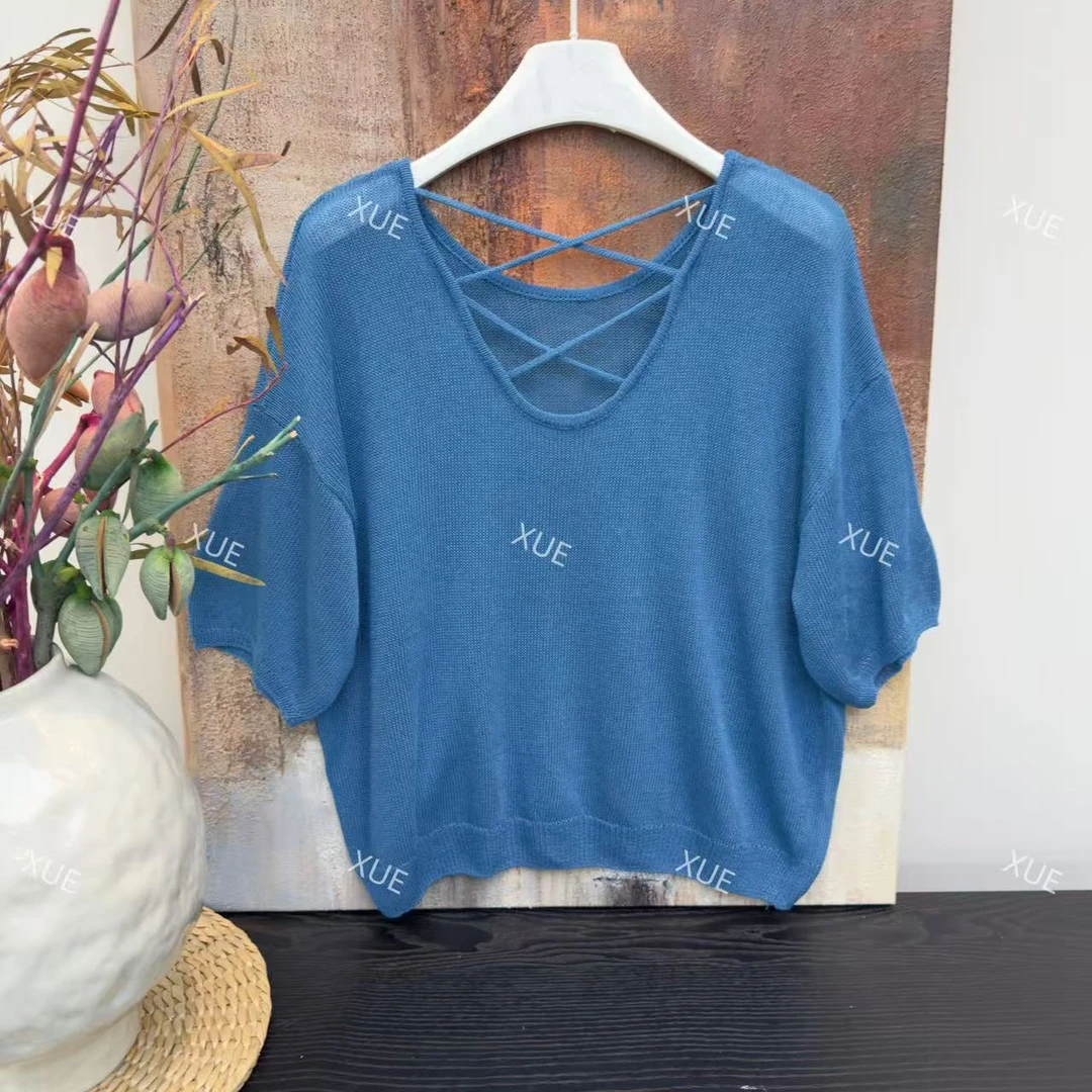 雪儿 X829夏款设计后背交叉天丝亚麻针织短袖套头上衣