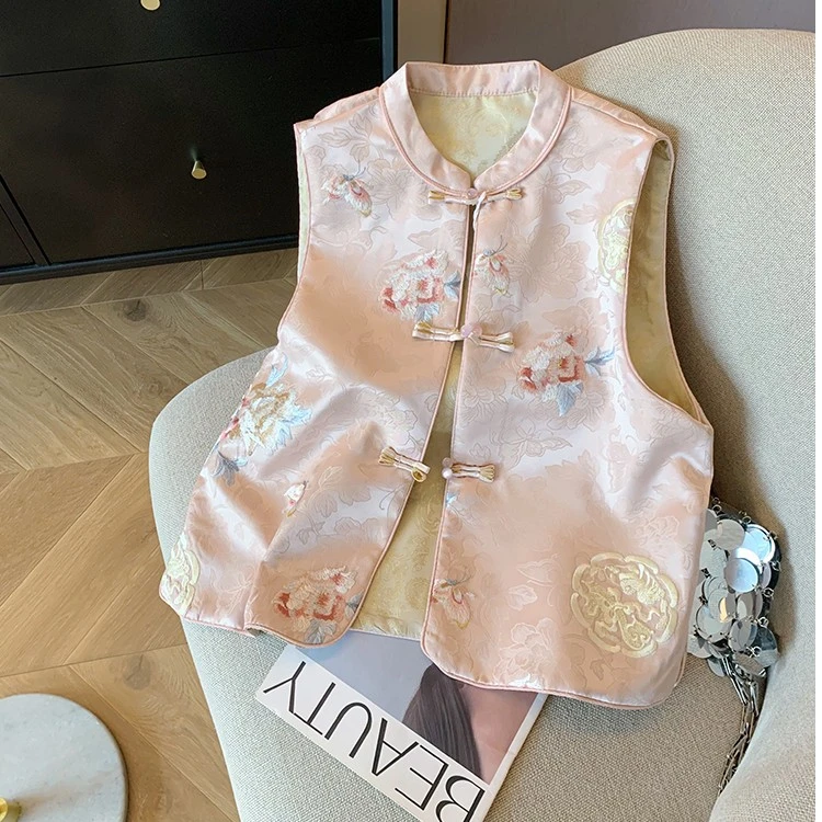 新中式国风立领刺绣马甲女春季时尚百搭复古盘扣上衣女马夹潮流