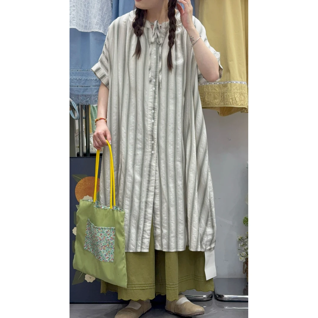 2025新款夏季小清新森系女装棉麻条纹连衣裙衬衫裙叠穿百搭2521#