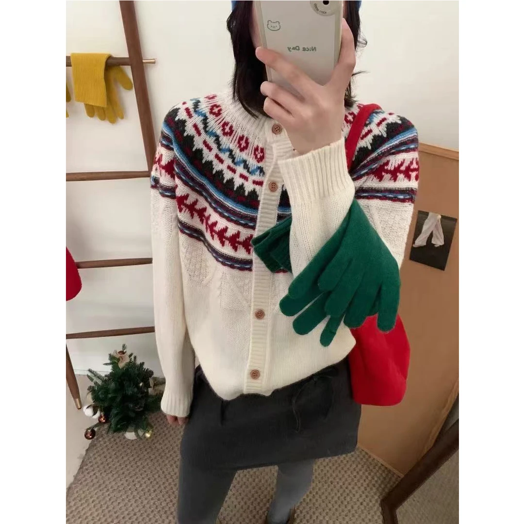 【费尔岛提花开衫】圆领针织开女衫女秋冬慵懒风毛衣外套 SEL-5509