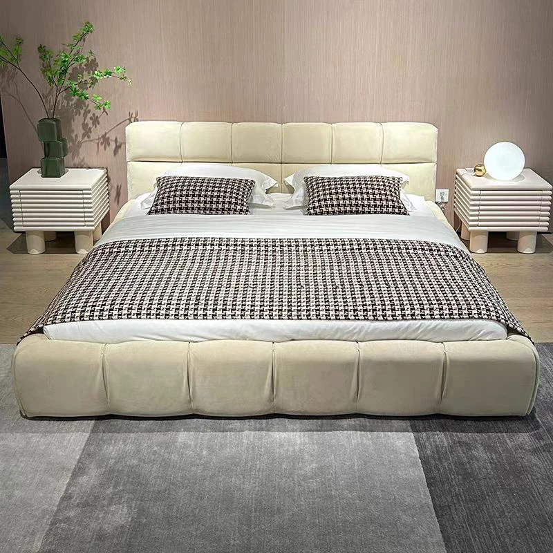 泡芙床意式极简双人主卧大床磨砂布奶油米白色床