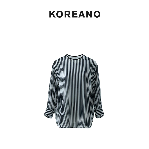 【KOREANO】夏季黑白韵律条纹小圆领长袖衬衫 【H】 CW3968(JUN)
