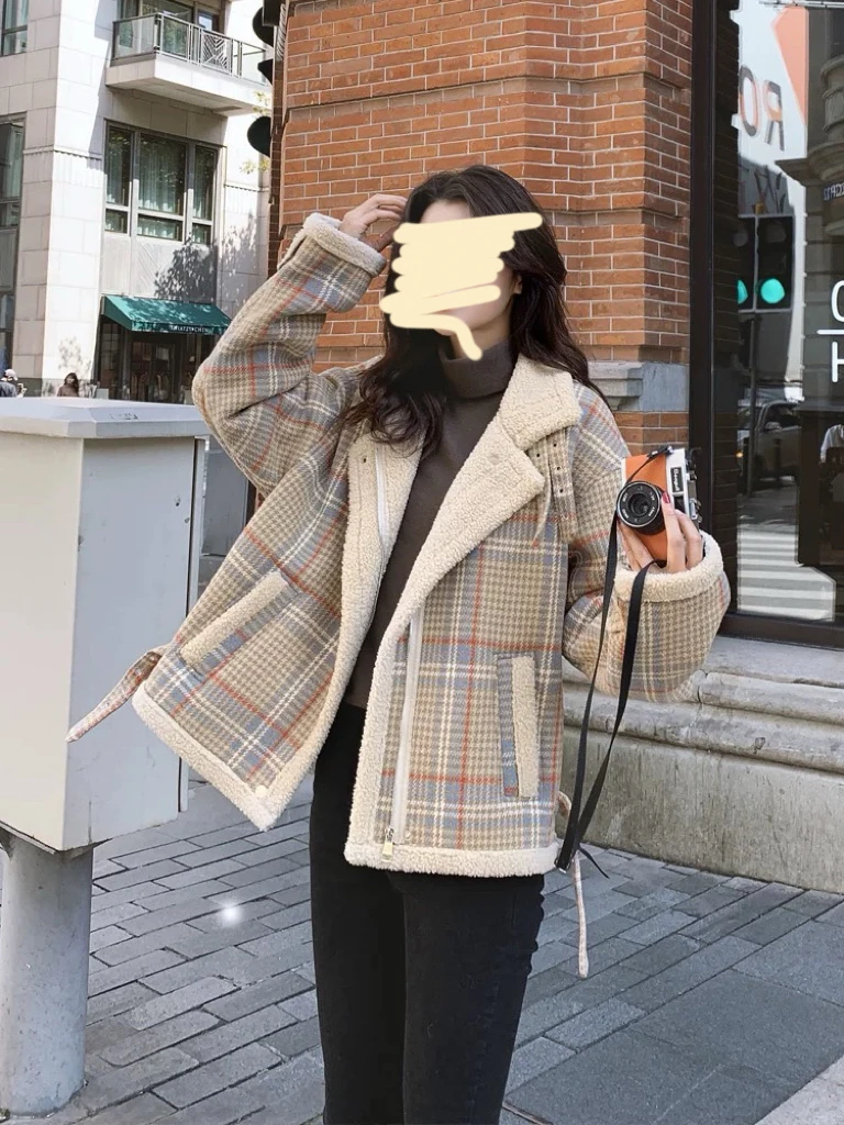 7027 韩系暖阳格子复古加绒加厚毛毛外套（J23）