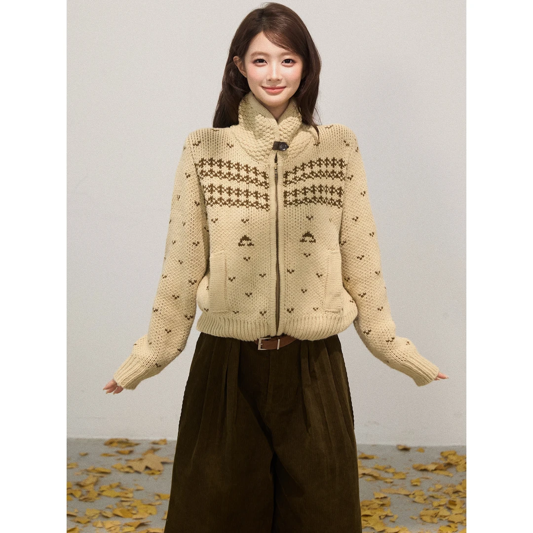 谢不肉 高领提花宽松拉链长袖毛衣女秋季韩版休闲设计感上衣50549