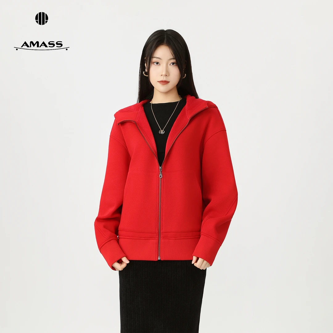 AMASS/阿玛施秋冬爆款时尚休闲连帽拉链加绒宽松卫衣外套5400935