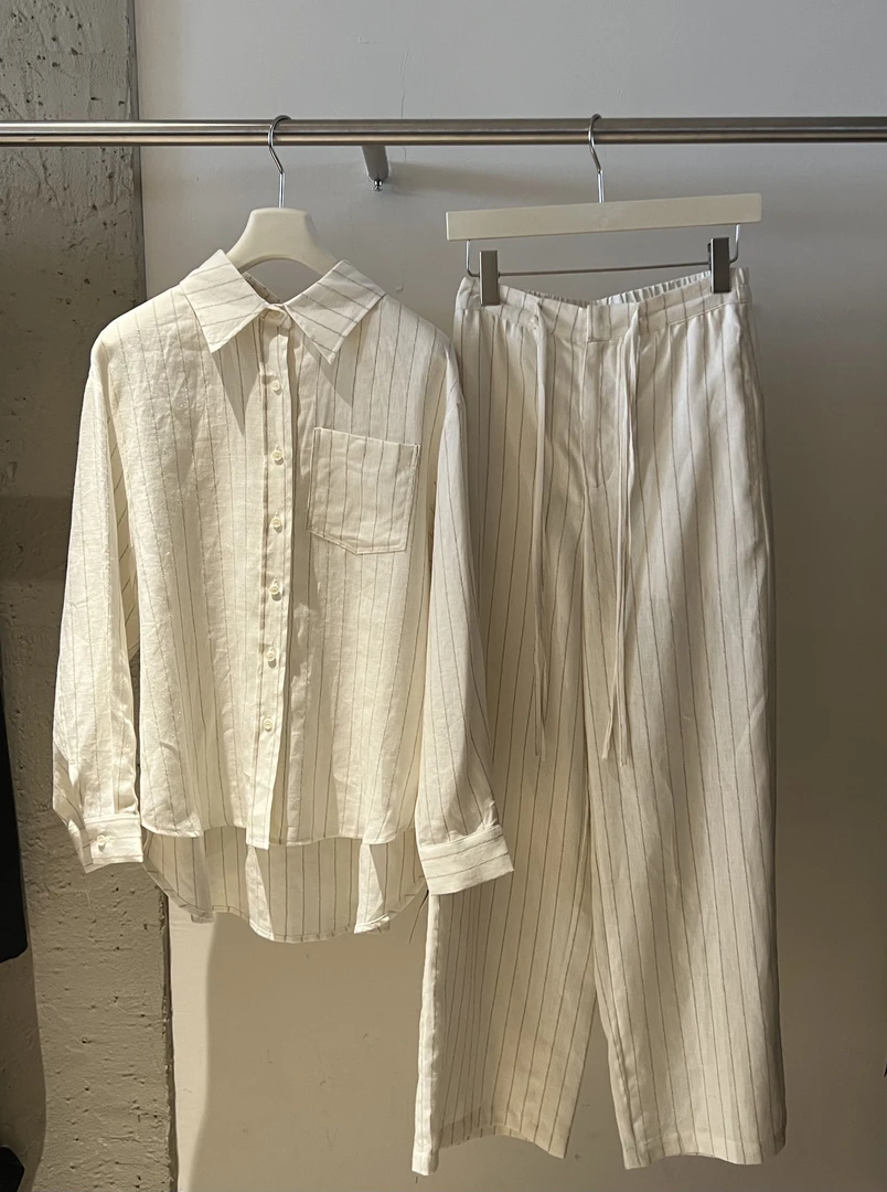 条纹亚麻不规则衬衫休闲套装～