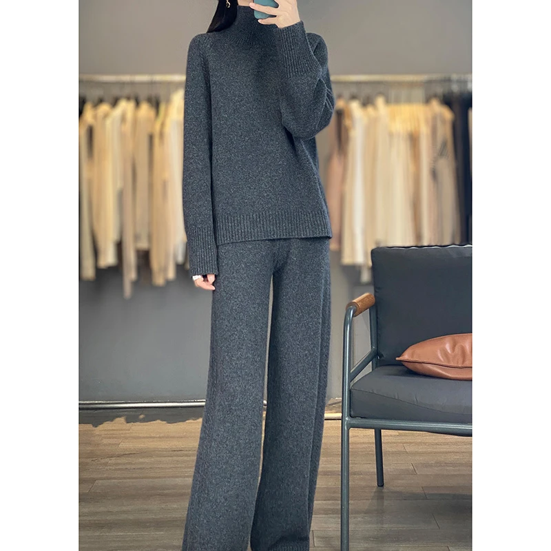 100纯澳毛针织套装Nsy513秋冬插肩半高毛衣宽松阔腿裤两件套打底