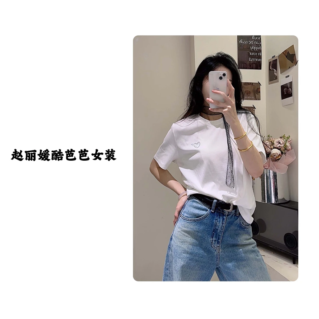 圆领常规复古港风宽松型短袖T恤黑色简约均码印花女士纯色