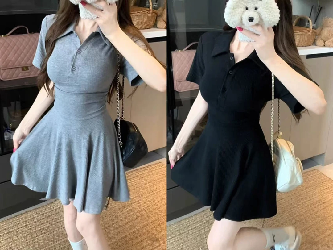 胖MM夏季设计感Polo领短袖连衣裙高级感收腰显瘦连衣裙