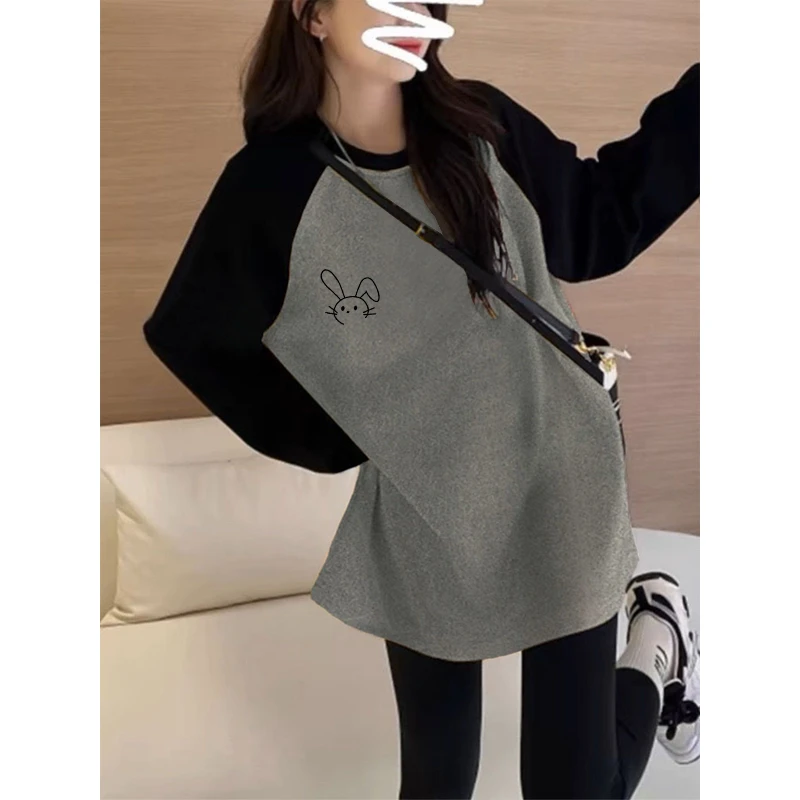 德绒磨毛保暖中长款遮屁股插肩拼接撞色长袖t恤女宽松打底衫秋冬