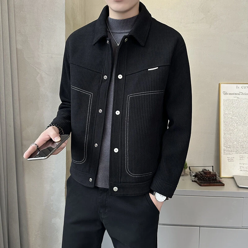 男装翻领纯色春秋修身百搭帅气短款韩版毛呢外套