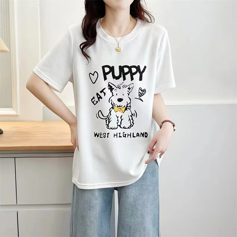 短袖宽松印花宽松空气感女T恤百搭夏季白色卡通休闲