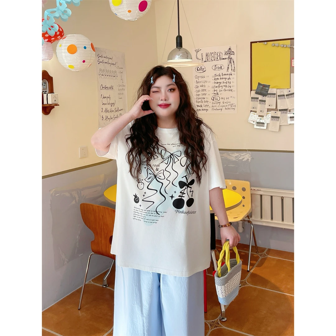 断码捡漏~奥斯陆港/宽松大版美式蝴蝶结印花T恤4283花契大码200斤