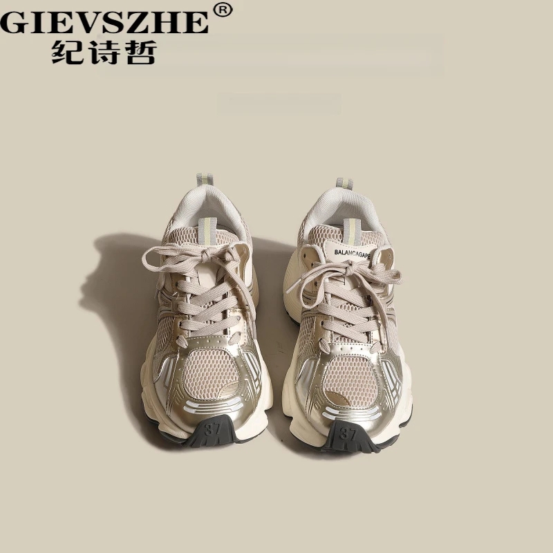 GIEVSZHE纪诗哲厚底老爹鞋女款2025春季新款香槟金网面透气休闲鞋