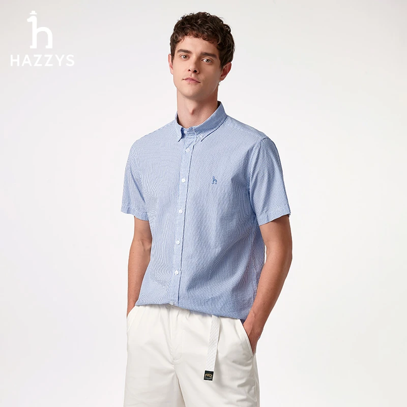Hazzys哈吉斯男士短袖夏季条纹短袖衬衫休闲商务薄款条纹衬衣