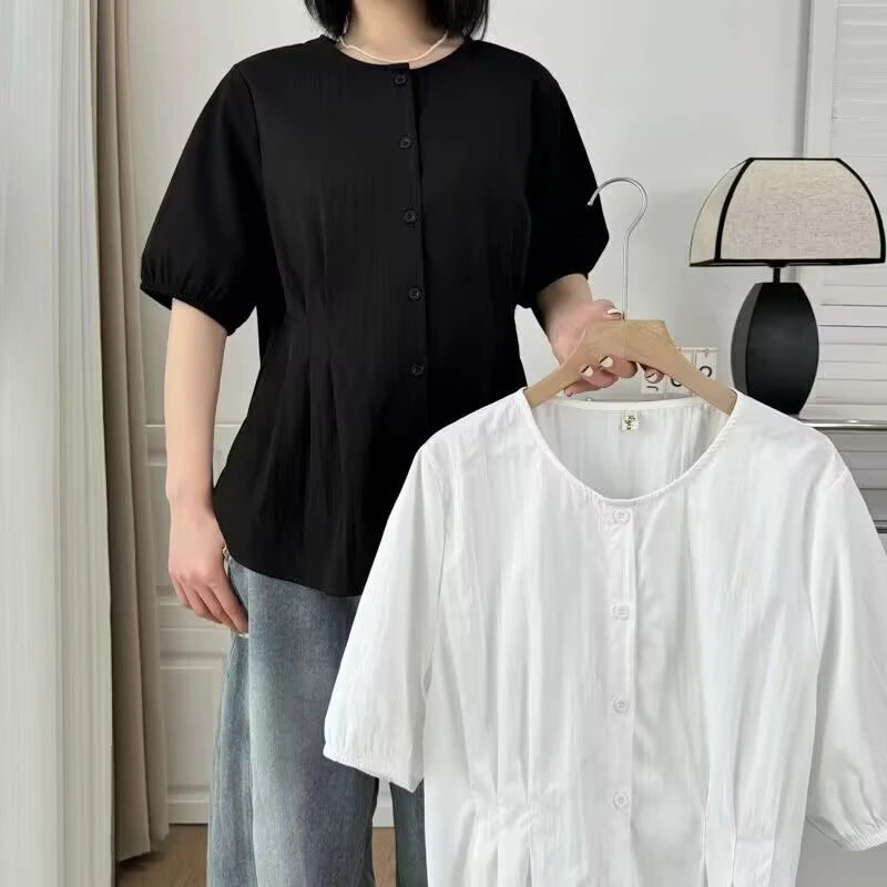 微胖大码夏季新款捏褶短袖高端圆领宽松显瘦衣服衬衫女装上衣女