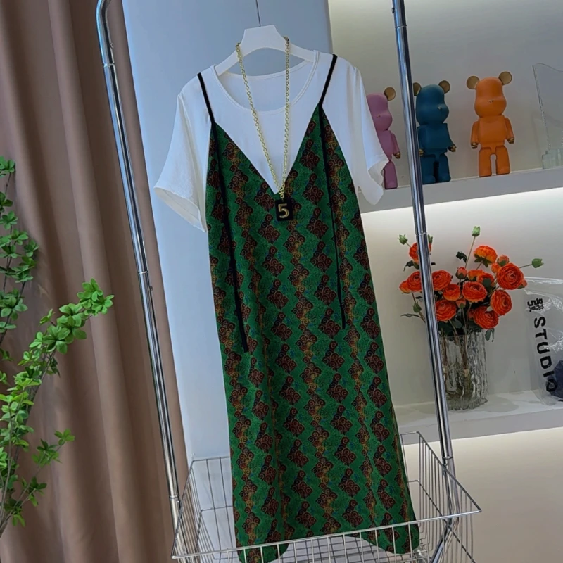 1988时尚飘带拼接宽松连衣裙夏季新款薄款度假风遮肉显瘦洋气长裙