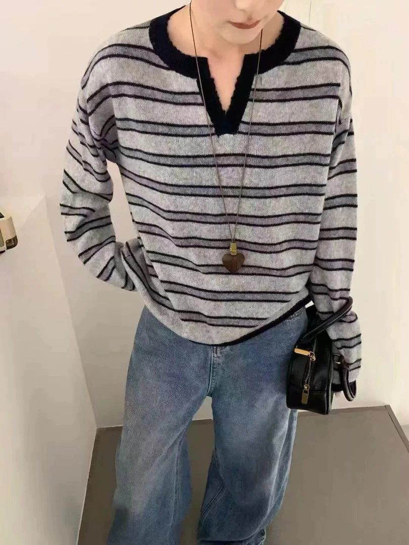 秋季剪刀领条纹长袖拼色套头亲肤绵羊毛莱赛尔山羊绒针织衫