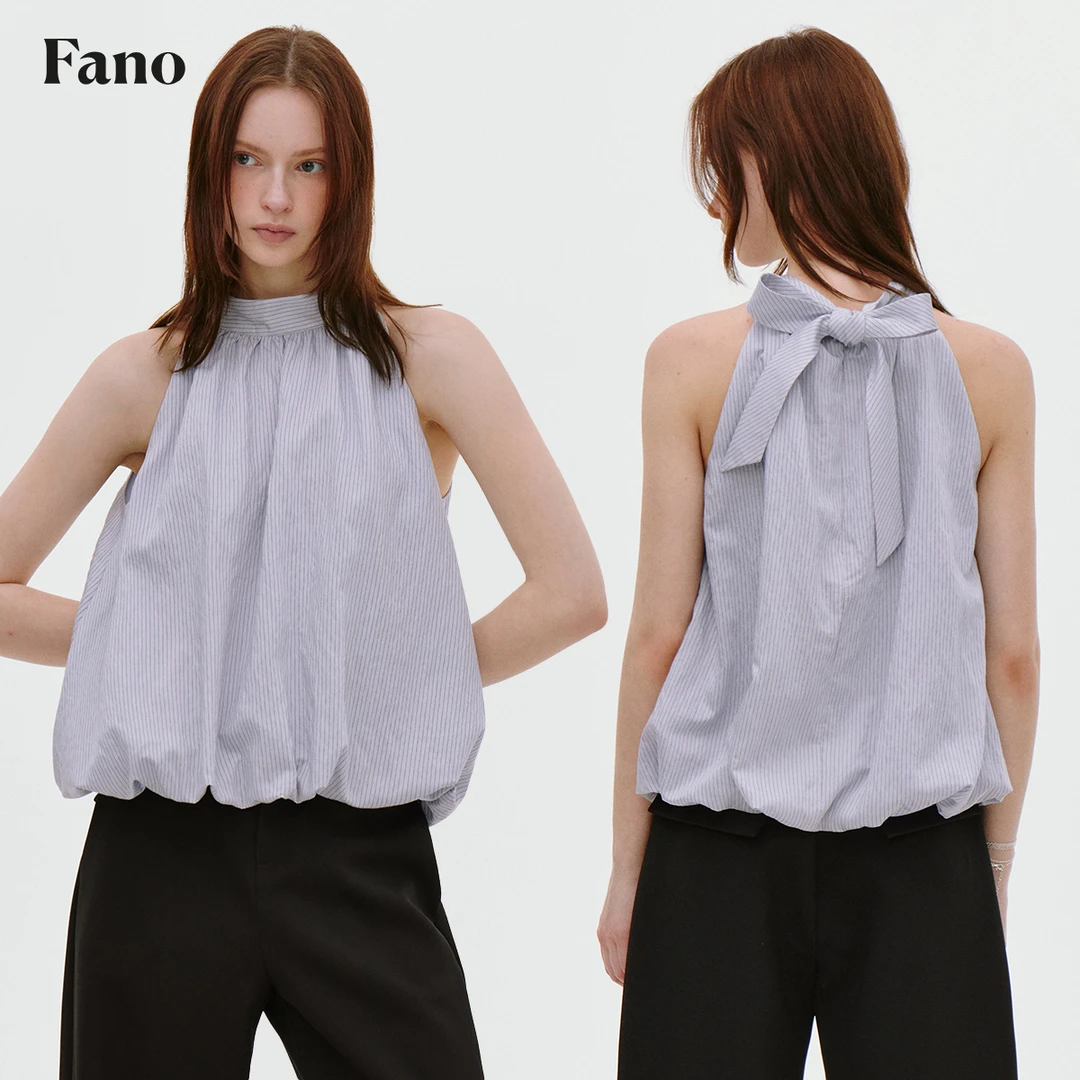 4.3上新 “清凉氧气感”条纹花苞飘带挂脖上衣FX25S071