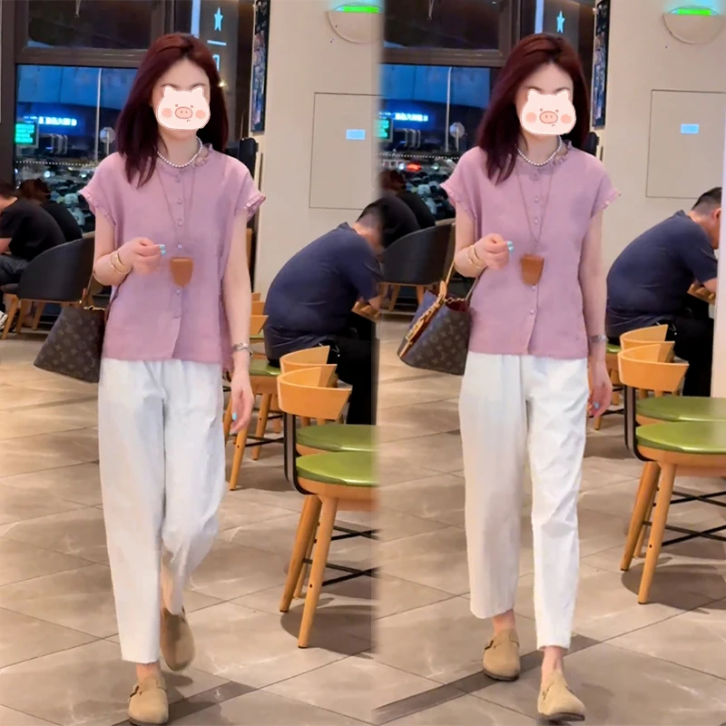 2025夏季新款时尚套装女设计感无袖背心上衣高腰显瘦直筒裤两件套