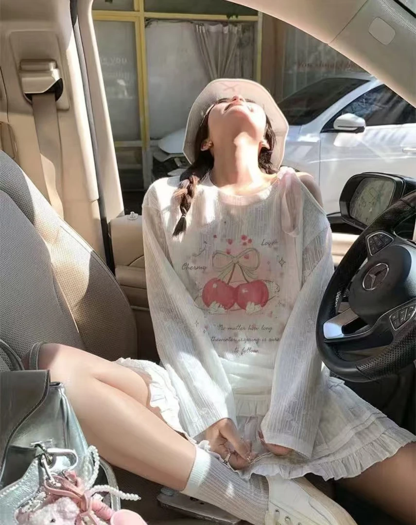 小雅姐姐  韩系甜美蝴蝶结樱桃印花蕾丝系带防晒罩衫长袖 IV81