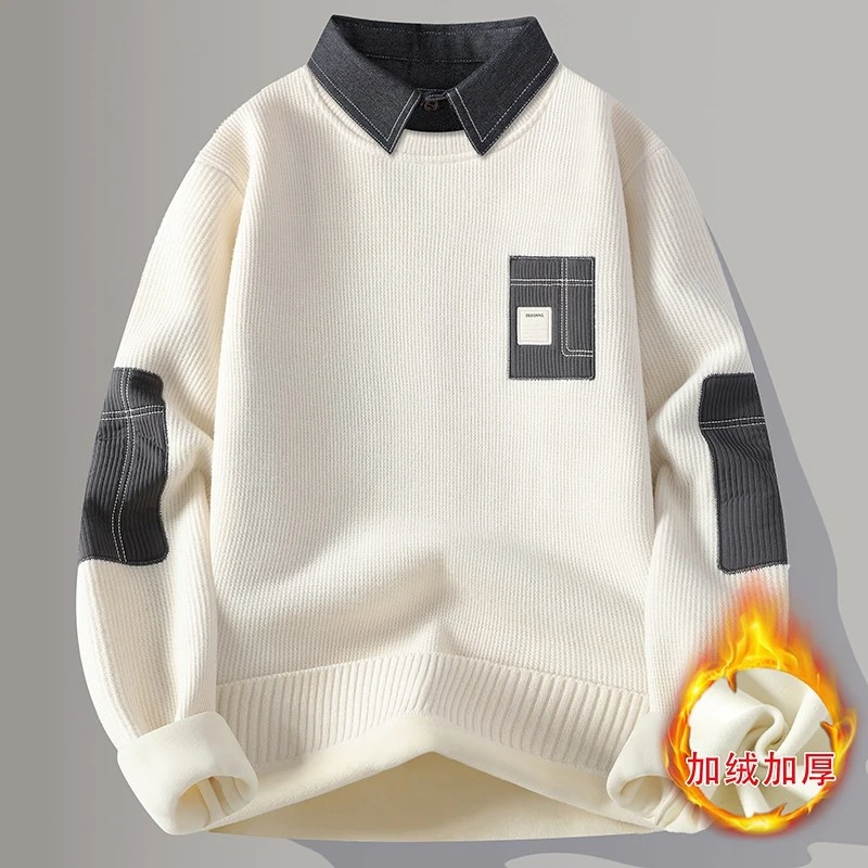 一体绒毛衣男秋冬款加绒加厚假两件长袖衣服潮牌衬衫领打底针织衫