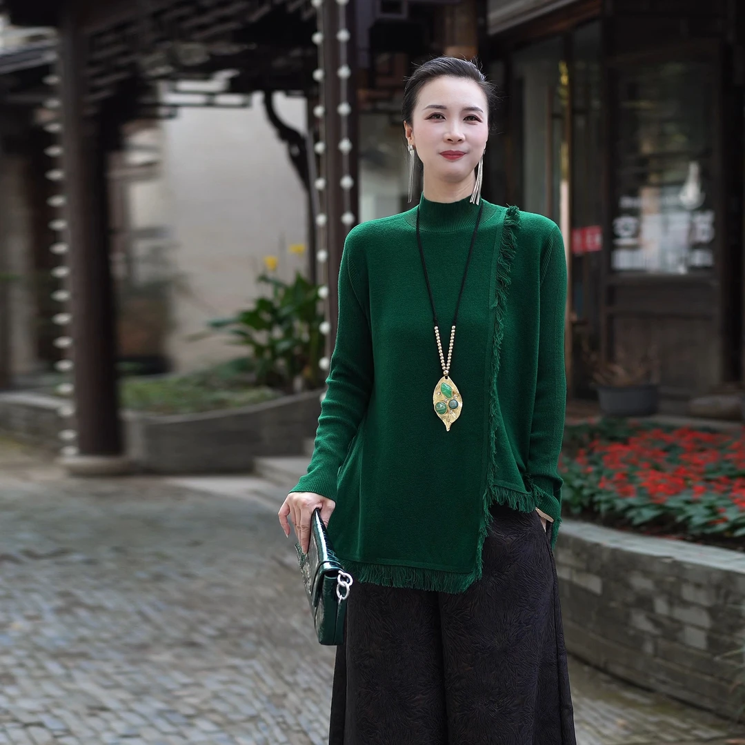 绪调【‌绦风漫卷】羊毛秋冬精纺超细纱线针织长袖上衣外套XD1014S