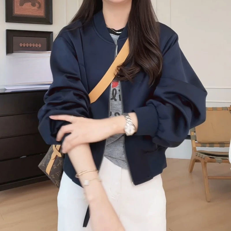 美式短款纯色长袖棒球服外套女春秋2025年新款小众开衫飞行员夹克