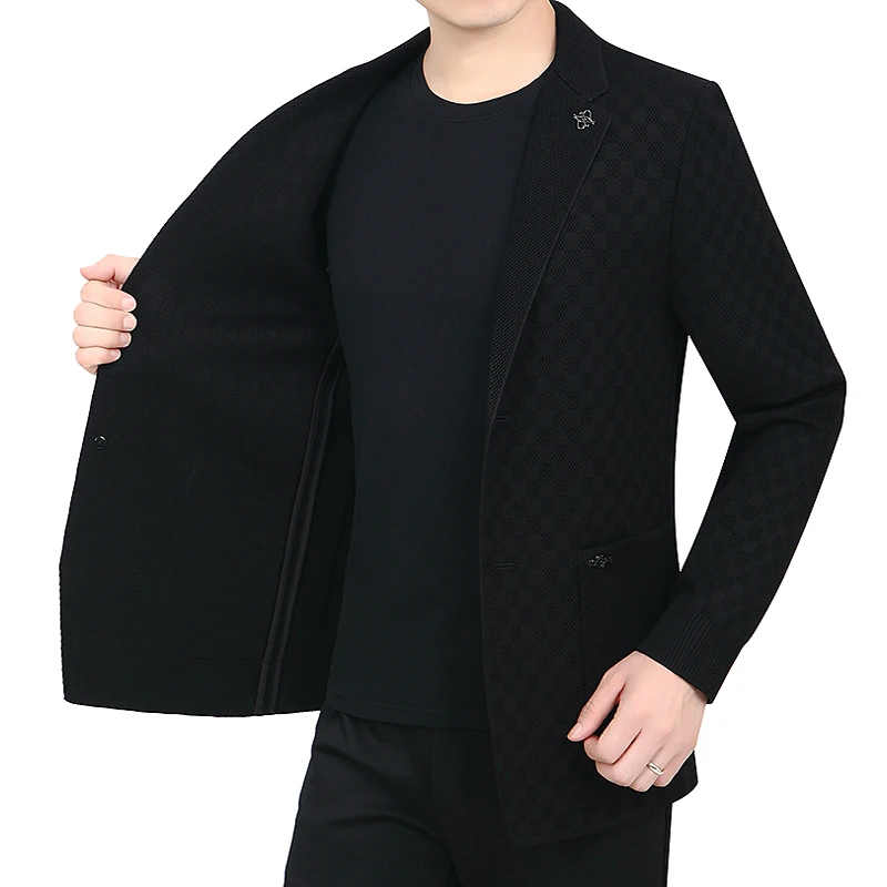 【轻奢高端双面针织西服】春季商务时尚修身重工艺针织提花西装611