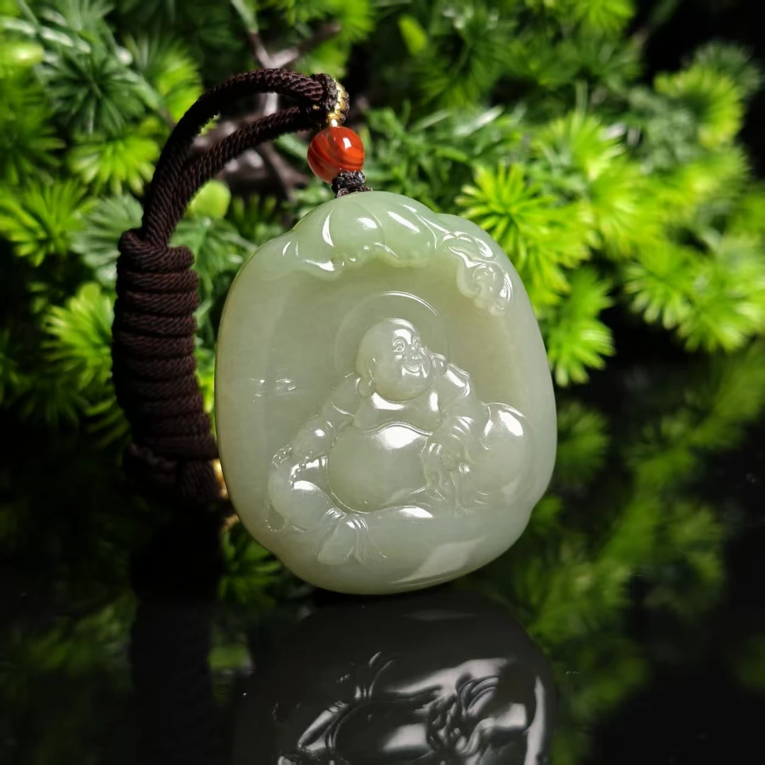 lot6465 弥勒佛牌 和田玉翠青 51.7*44.7*12.3mm 55.5g