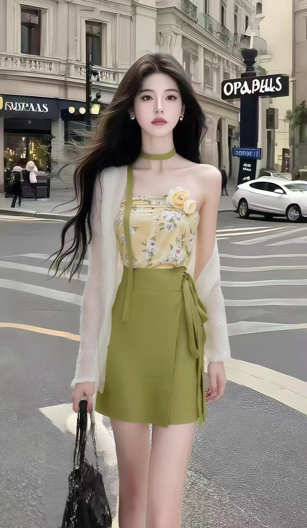 新款温柔纯欲风少女感短裙绿色碎花一字肩露肩抹胸修身收腰连衣裙