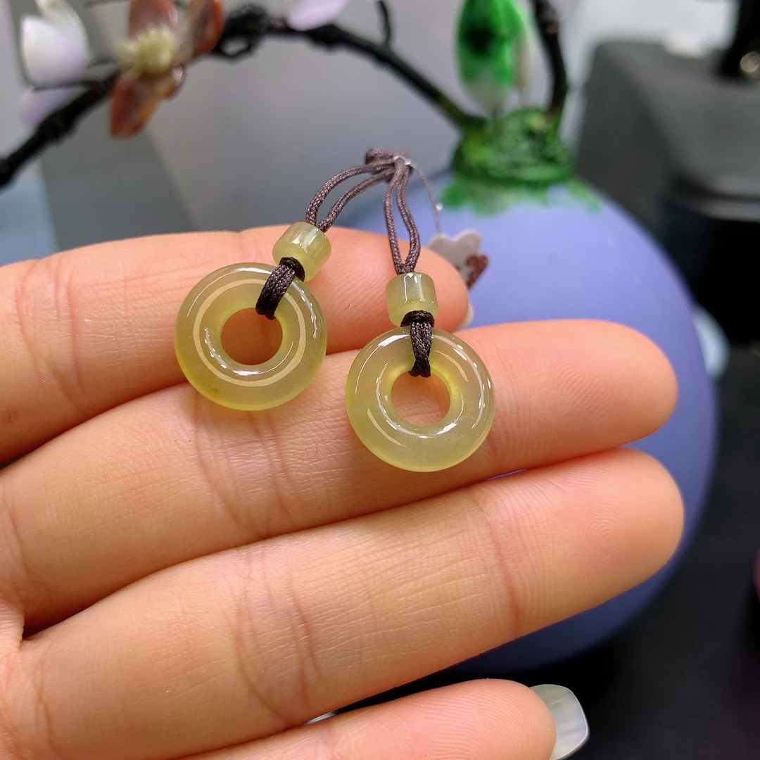 缅甸天然翡翠A货冰满黄翡甜甜圈一对A338#