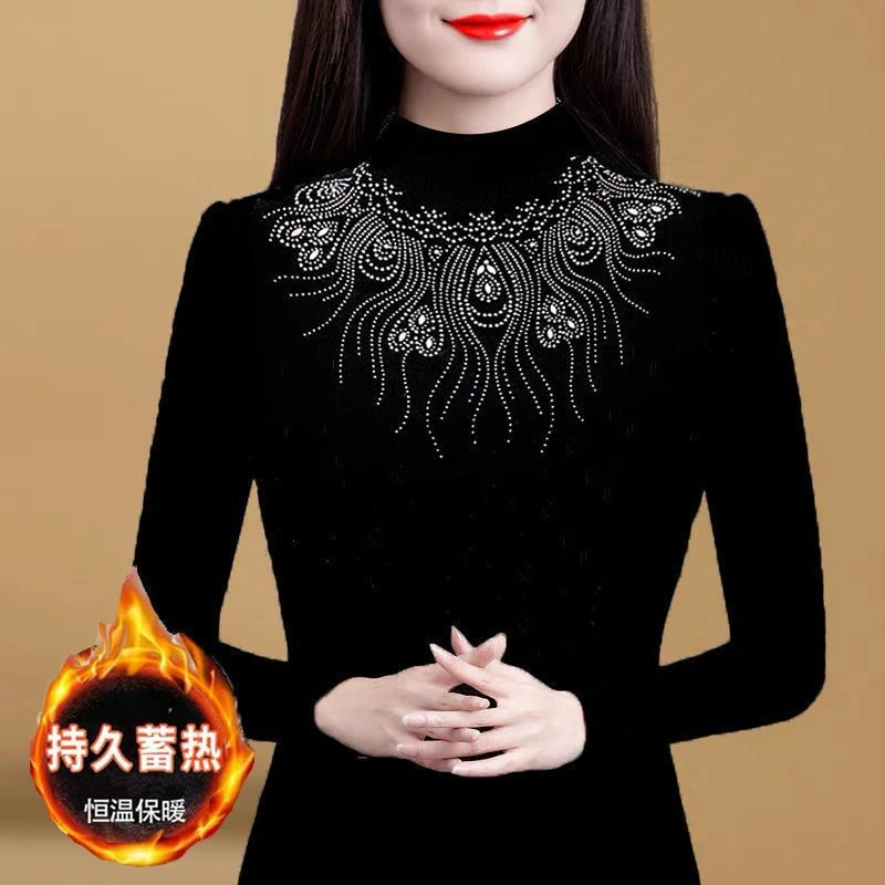 宽松型加绒加厚保暖打底衫女新款秋冬高档洋气时尚显瘦修身烫钻上