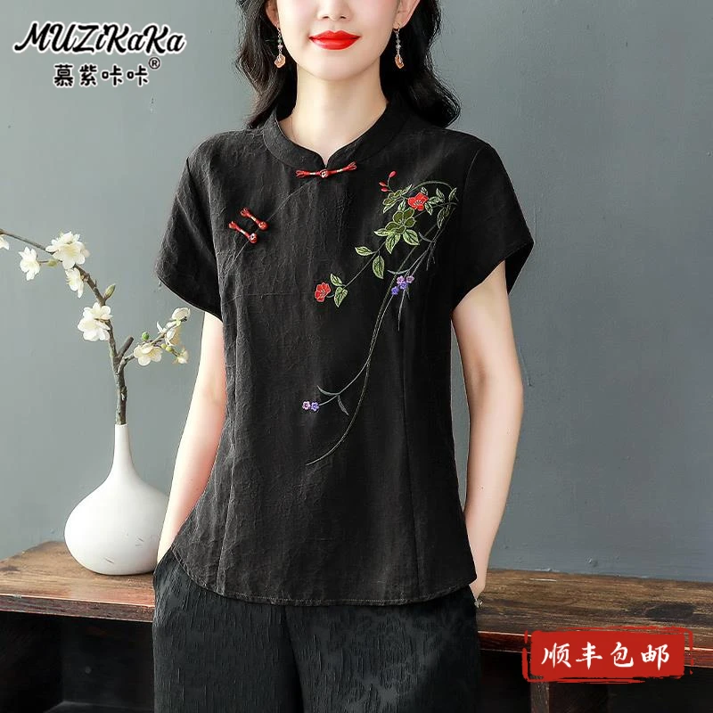 高级感短袖上衣女装夏季新款妈妈国风刺绣衬衫中式衬衫显瘦遮肚子