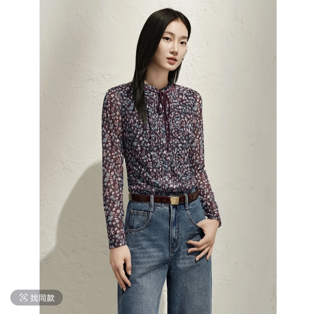 【商场新款】立领蝴蝶结波点弹力衬衫女春季新斜裁长袖上衣C5037
