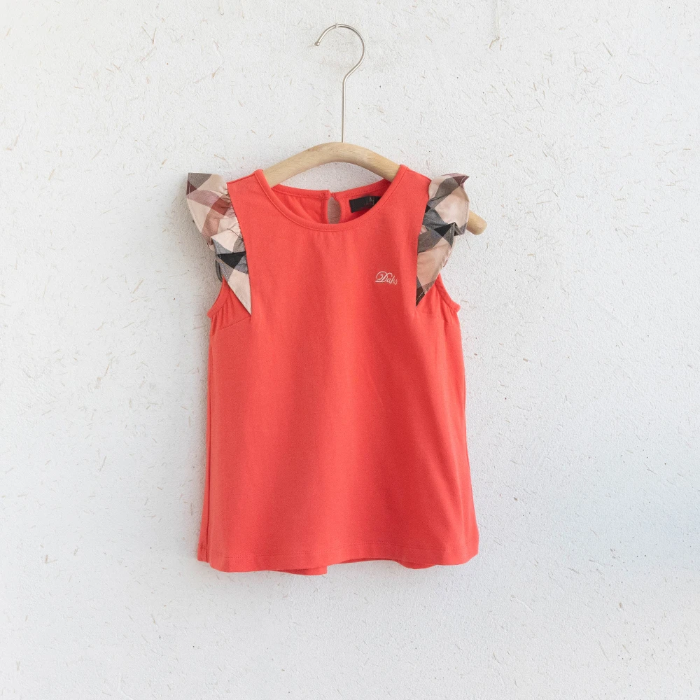 贝多米童品韩国DK新款女童红色方格飞袖背心T恤