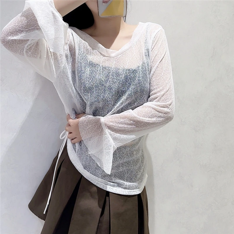 夏季防晒罩衫游泳衣女新款韩系蕾丝针织不规则抽皱空调衫外搭上衣