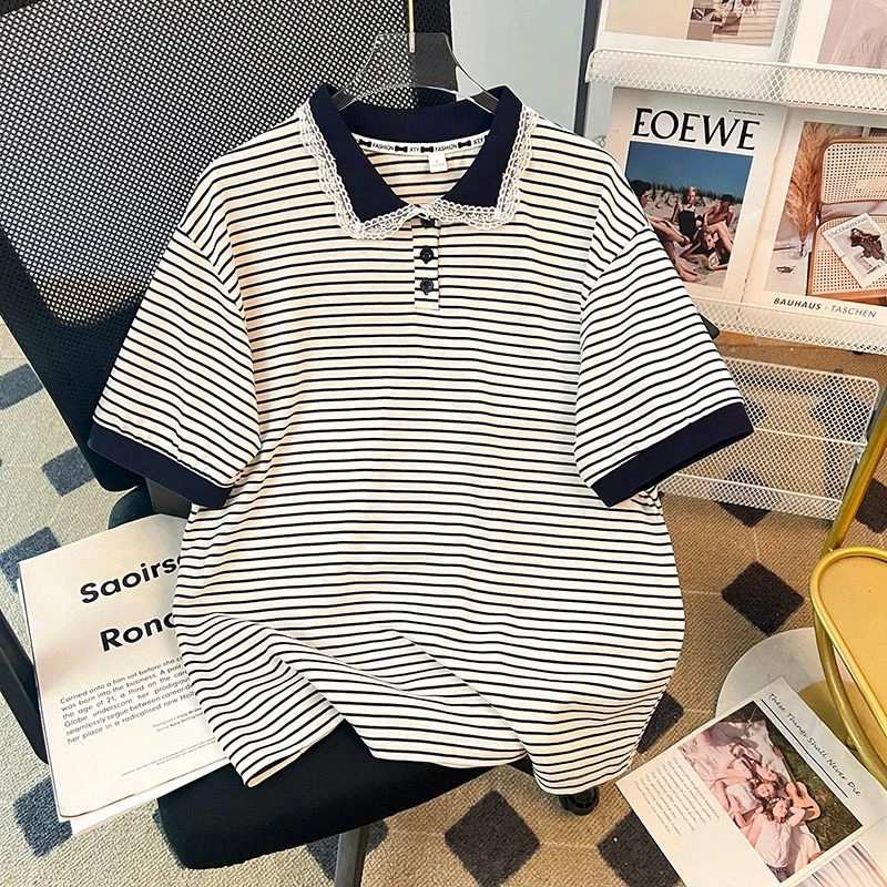夏季休闲条纹短袖T恤女韩版大码polo翻领百搭ins小众显瘦纯棉上衣
