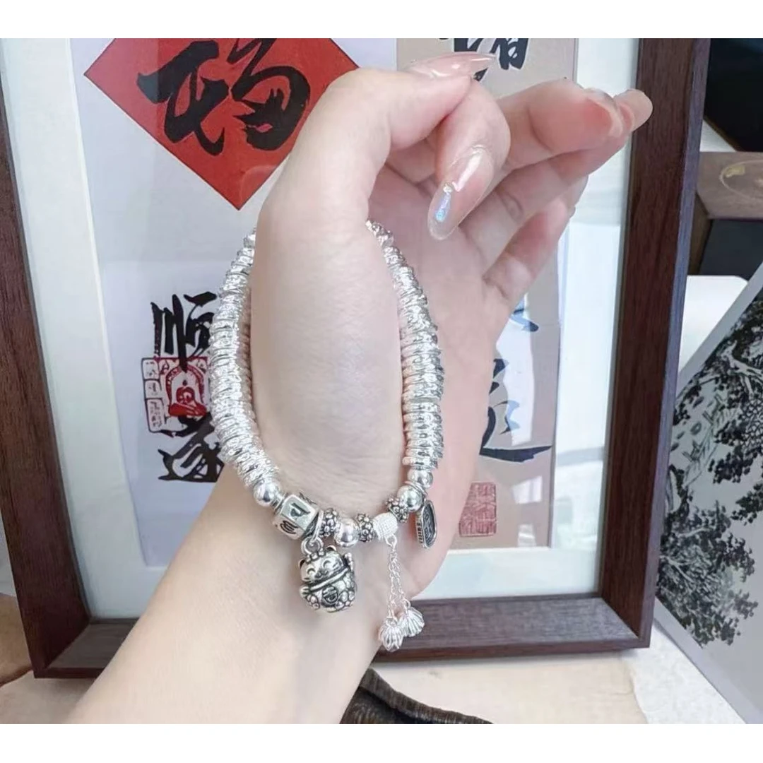 足银手链 招财猫盘缠手链 珐琅彩招财平安手链手编