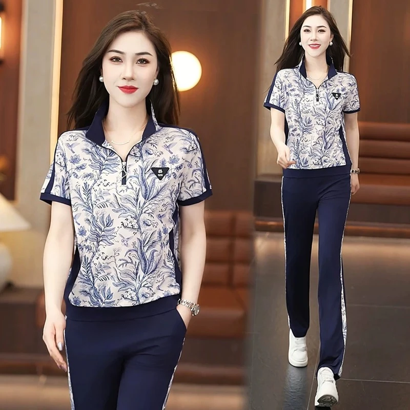 夏季时尚运动服套装女2025新款洋气冰丝印花短袖休闲跑步两件套薄