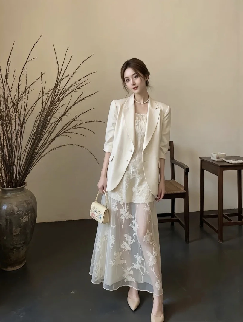 超火的秋季穿搭2025超火miu里miu气小香风白色西装外套吊带连衣裙