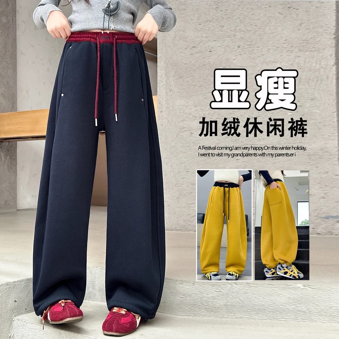 女童冬款加绒加厚拼腰钉扣卫裤中大童女孩新款洋气韩版时尚休闲裤